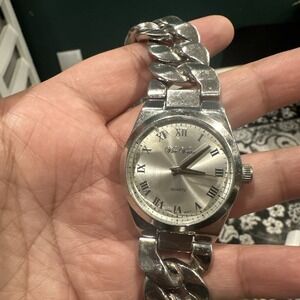 Working VTG Vice Versa Watch Silver Steel Heavy Ladies Watch 38mm New Battery 7"